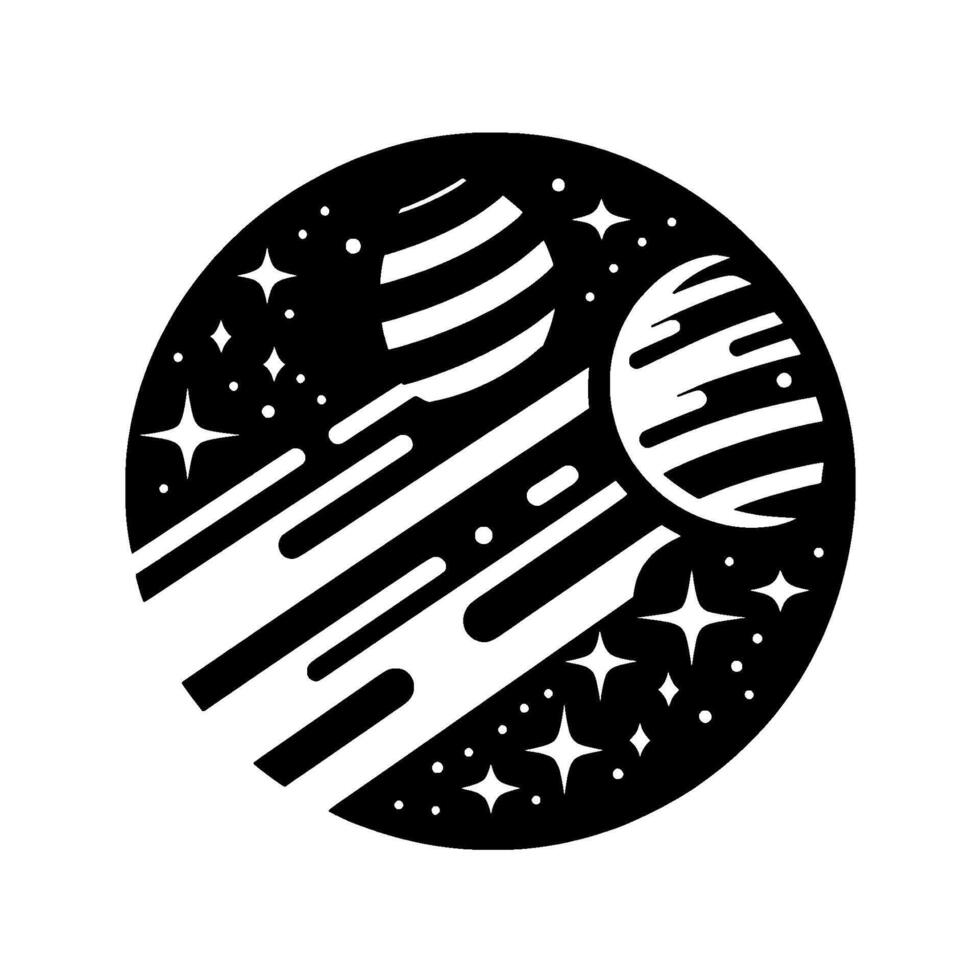 A cosmic black and white illustration of two striped planets surrounded by stars and shooting stars within a circular frame. vector