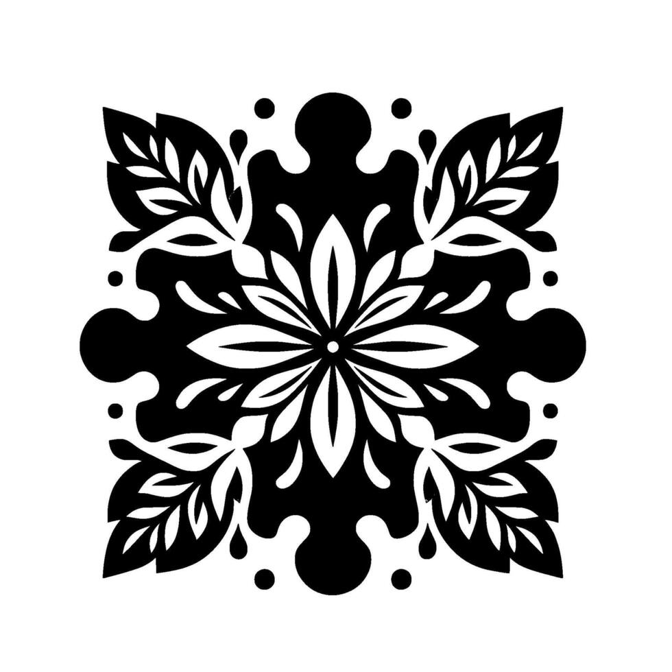 Symmetrical Black and White Floral Mandala with Leafy Sprigs and Dot Accents, Illustrative on White vector