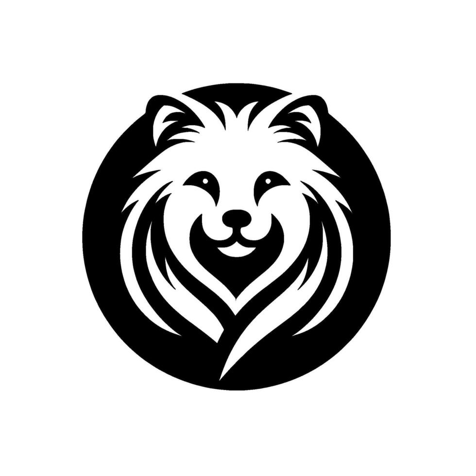 Playful Pomeranian Face Design A Black and White Emblem with Smiling Expression and Shaggy Fur Inside a Circle. vector