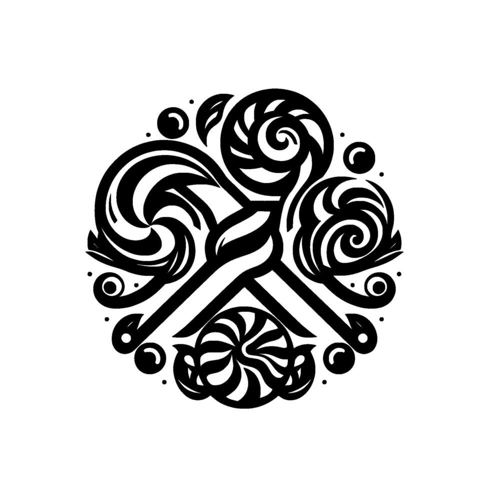 Black and White Candy Medley Circular with lollipops, swirls, and whimsical details, on a bright white background. vector