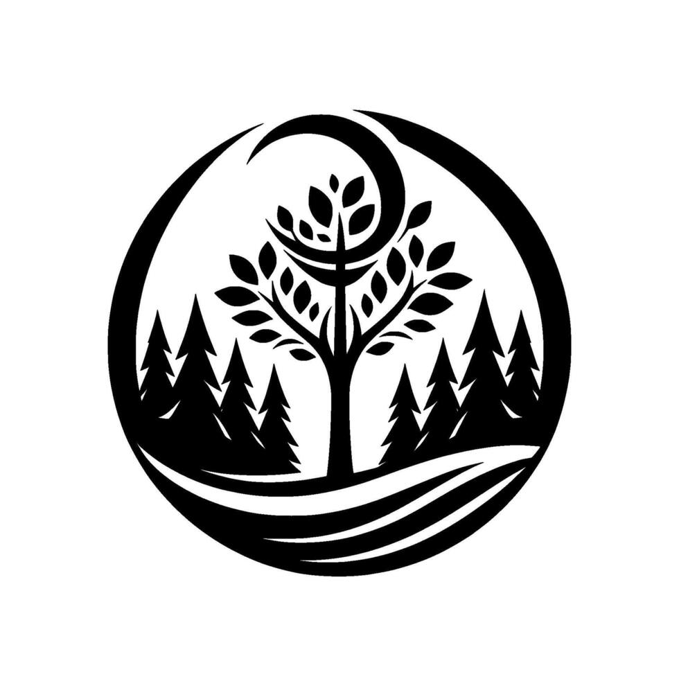 Stylized Black and White Forest Icon A Circle Enclosing a Tree and Pine Trees with a Crescent Moon Element. vector