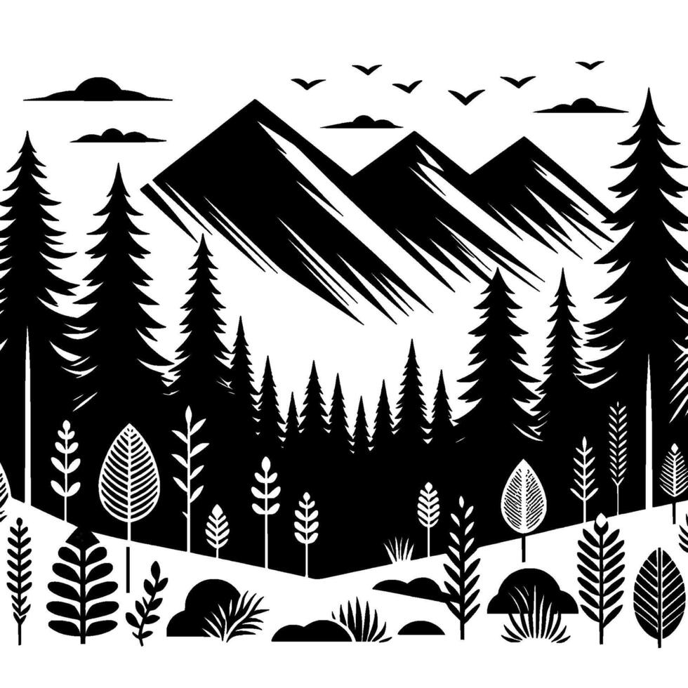Black White Minimalist Mountainscape with Pine Trees, Birds, Clouds, and Foliage. illustration. vector