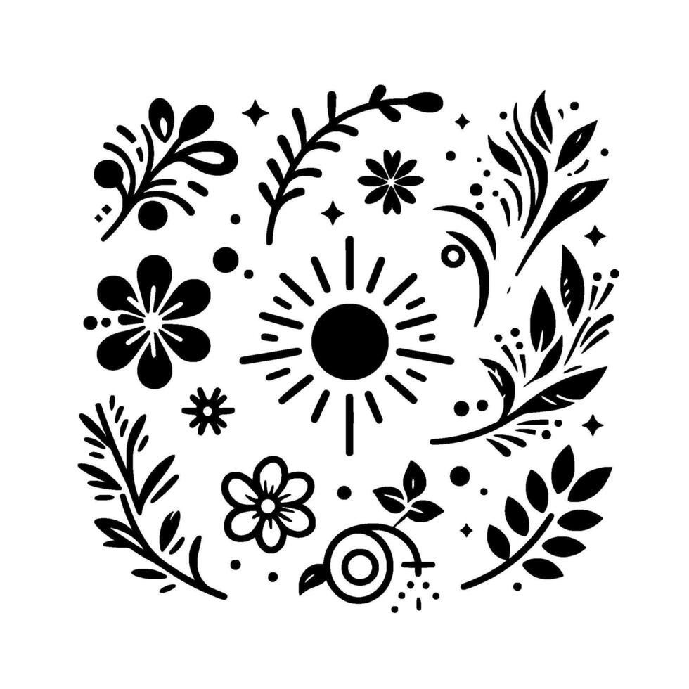 Whimsical Botanical Design Sunburst Surrounded by Floral, Foliage, and Starry Elements in a Clean, Monochromatic Composition. vector