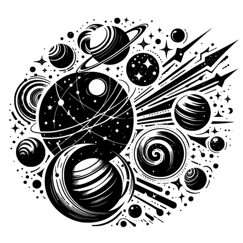 Intricate blackandwhite cosmic illustration featuring planets, stars, space objects, and comet trails arranged in a circular composition. vector
