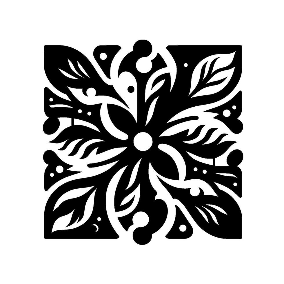 Symmetrical square floral mandala with leaves, dots, and swirls in a contrasting black and white palette, evoking elegance. vector
