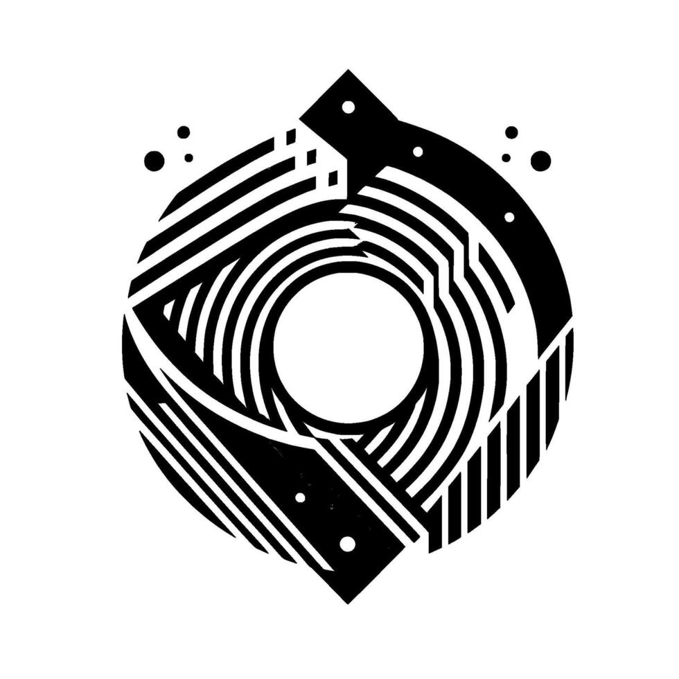 Abstract black and white geometric artwork featuring concentric circles and linear forms within a stylized, diamondlike outer shape on a clean white background. vector