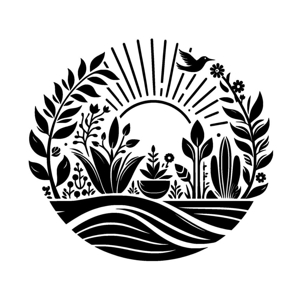 A stylized black and white illustration within a circle featuring a sunrise, diverse plant life, a flying bird, and wavy landscape, evoking natures tranquility. vector