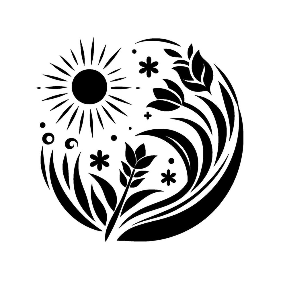 Black and white minimalist circular featuring sun, flowers, and floral elements, representing nature. vector