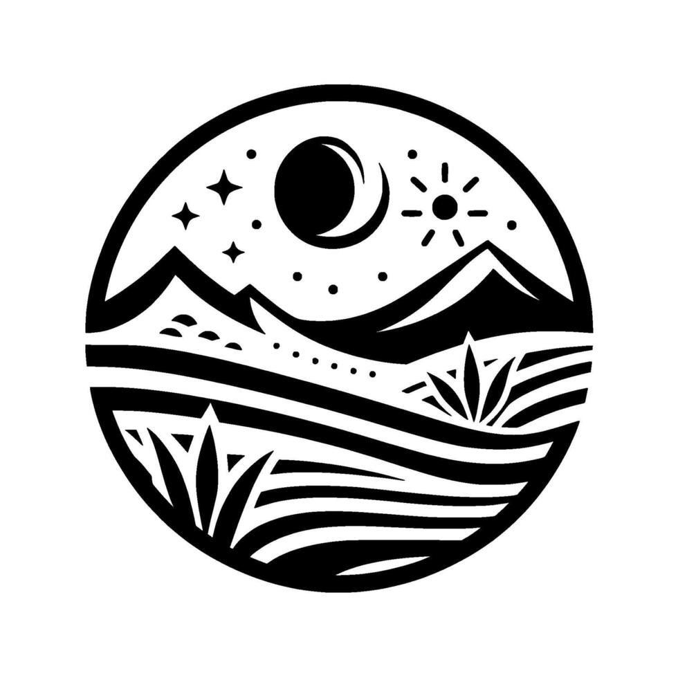 Minimalist Circular Black and White Illustration of Mountain Landscape, Day and Night Elements, Stars, Sun, Moon, and Agave Plants vector