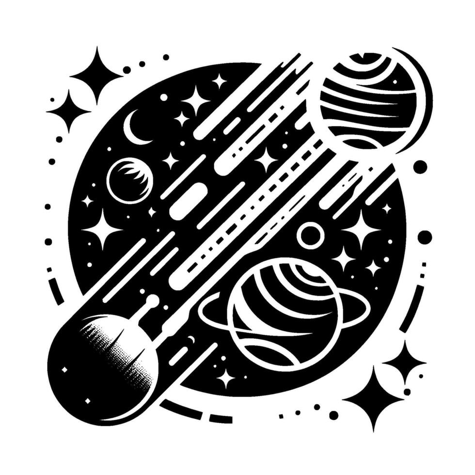 Celestial Cosmic Circle Illustration with Planets, Comets, and Stars Black and White Design, Outer Space Vibe vector