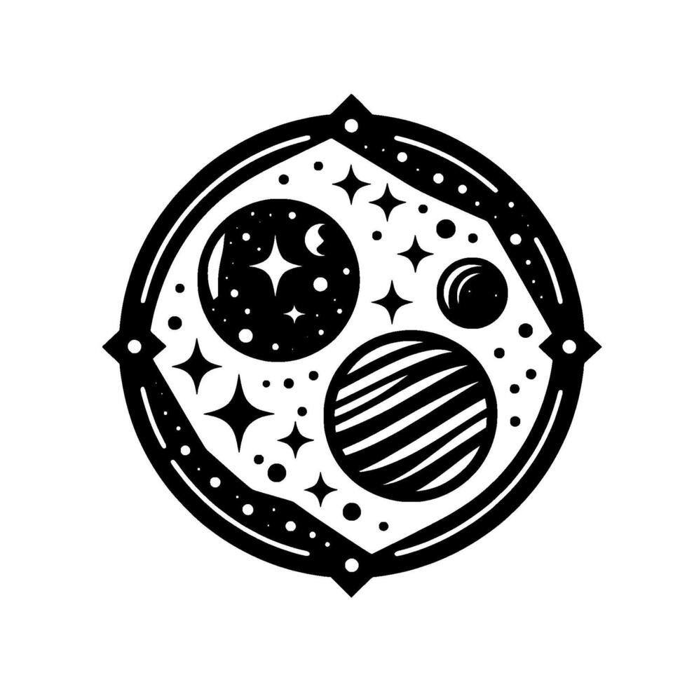 Celestial Emblem Black White Illustration of Planets, Stars, and a Geometric Border on White. vector