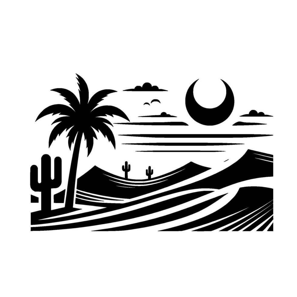 Black and white desert landscape silhouette Palm, cacti, mountains, crescent moon, and clouds in a minimalist illustration. vector