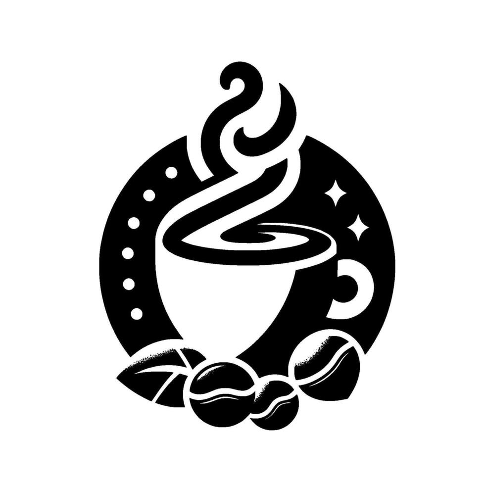 Stylized Black and White Coffee with Steaming Cup, Beans, and Leaf Inside Circular Frame, Illustrative Design. vector