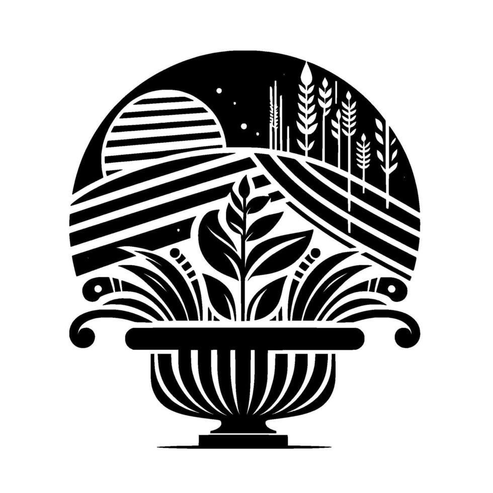 Black and white art deco style illustration a stylized rural landscape enclosed within a curved frame, symbolizing abundance and growth. vector