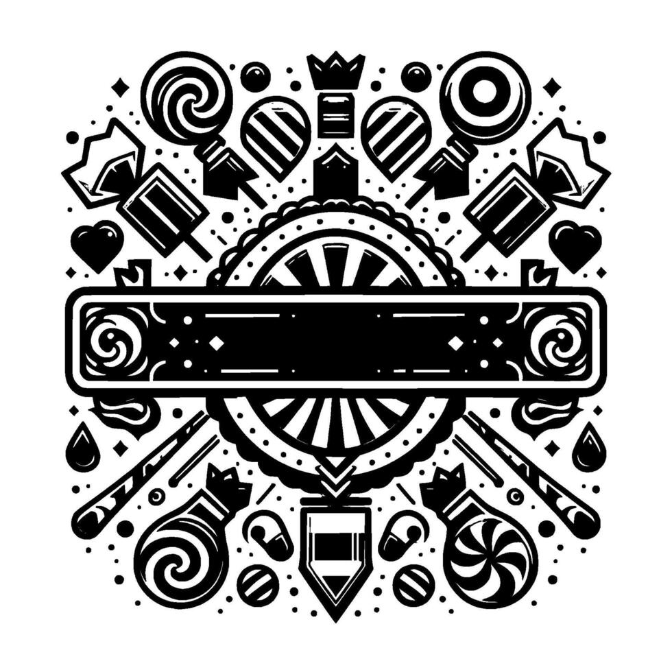 Ornate Monochrome Candy Shop Emblem with a Central Banner, Surrounded by Sweets, Lollipops, Hearts and Decorative Elements. vector