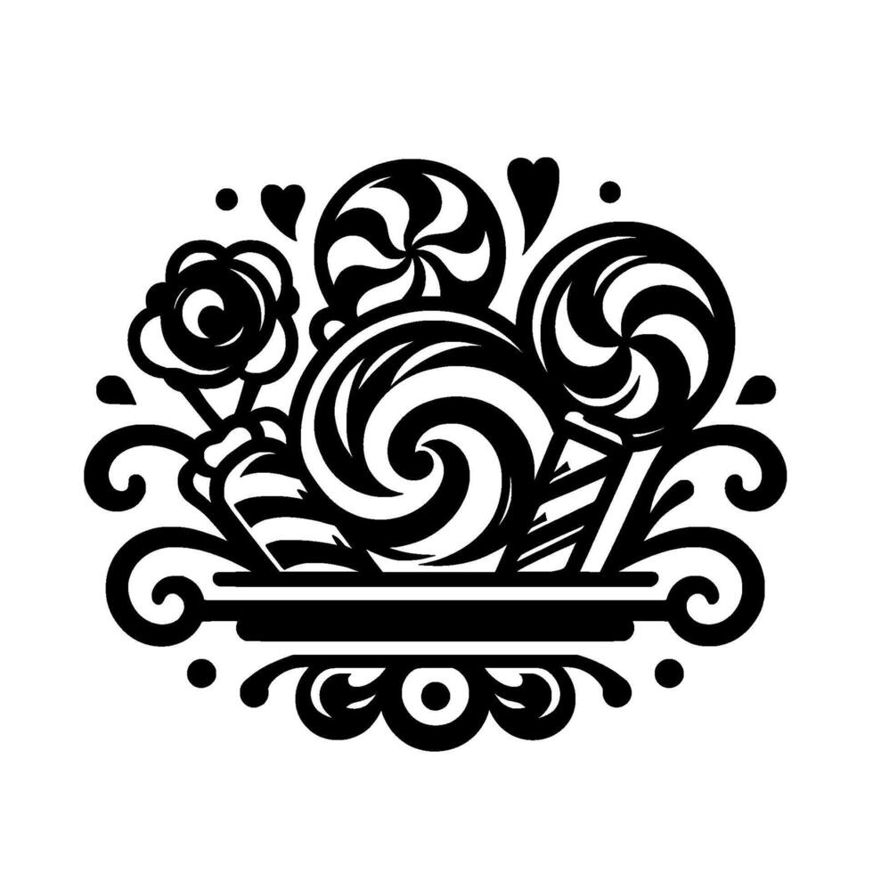 Whimsical Black and White Illustration of an Assortment of Lollipops, Floral Elements, and Decorative Swirls on a White Background. vector