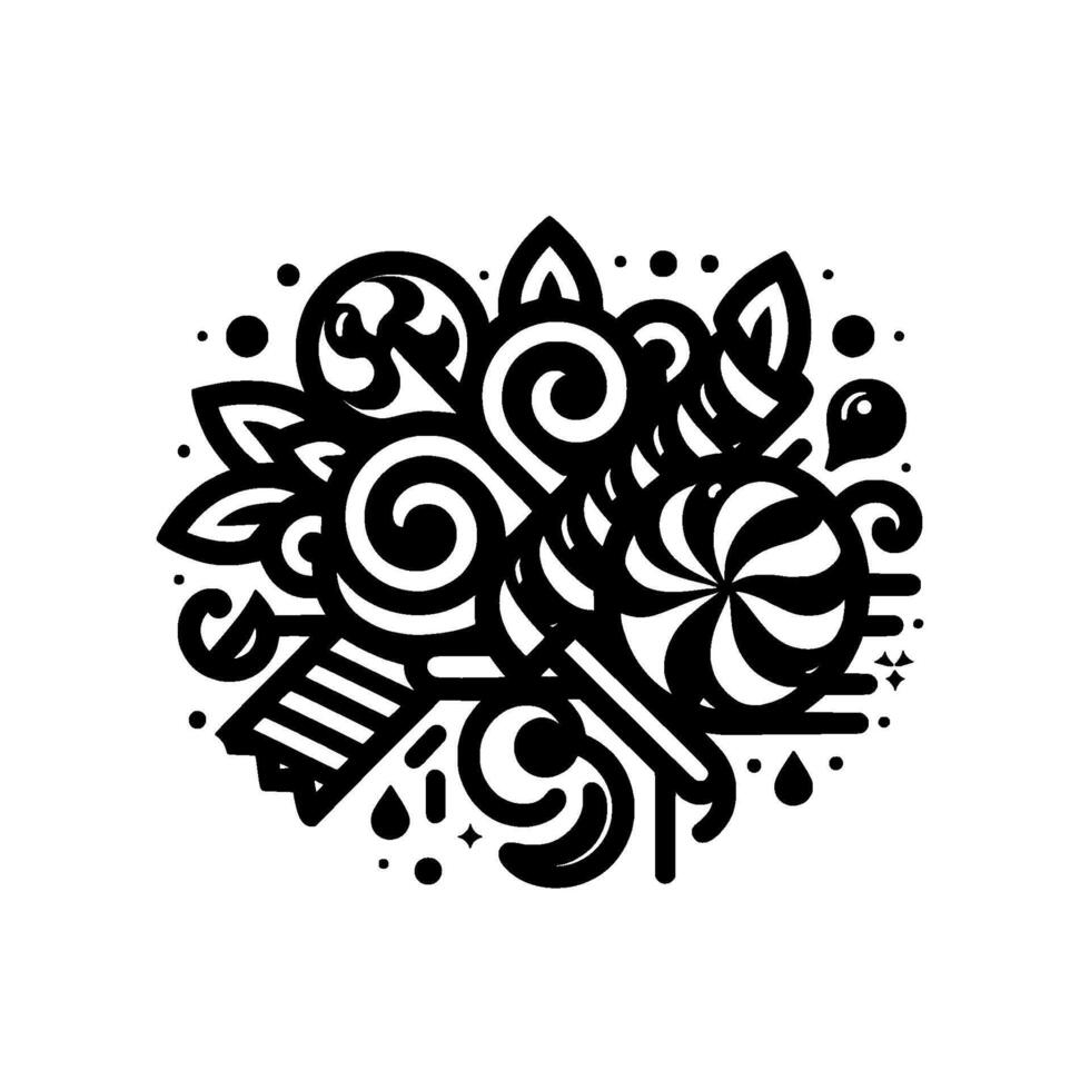 Whimsical Black and White Candy and Decorative Elements Composition Featuring Swirls, Lollipops, and Abstract Shapes. vector