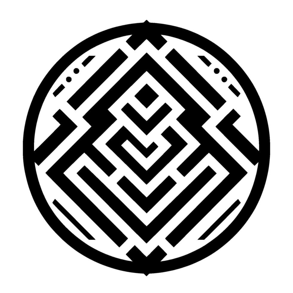 Intricate black geometric abstract within a circle, reminiscent of a maze or puzzle, centered on a stark white background. vector