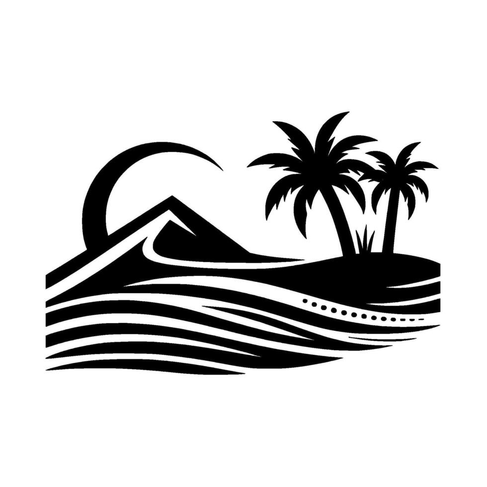 Silhouette of a Tropical Landscape Palm Trees on a Sandy Island with Mountain Crescent Moon over the Ocean in Black and White vector