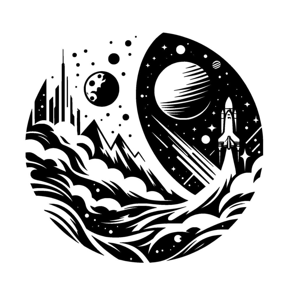 Circular Monochrome Illustration A Space Shuttle Launching Amidst Mountains, City, and Celestial Bodies. vector