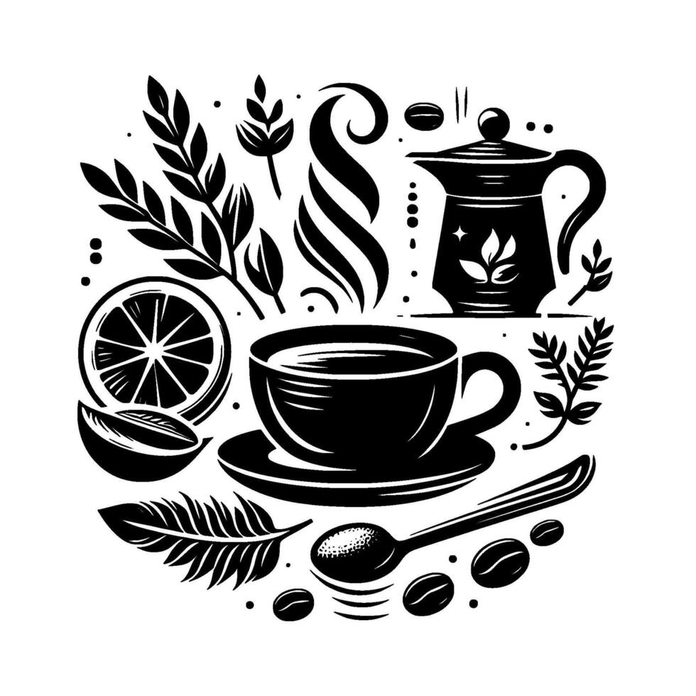 A stylized black and white illustration of a coffee cup, teapot, lemon, and botanicals, evoking warmth. vector