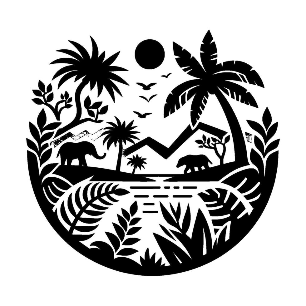 Circular Black White Silhouette of Tropical Landscape Palm Trees, Elephants, Bears, Mountains, River, Birds, and Sun. vector