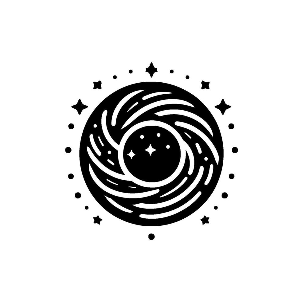 A Stylized Black and White Cosmic Illustration Depicting a Swirling Galaxy Surrounded by Stars and Celestial Orbs, Minimalist Aesthetic. vector
