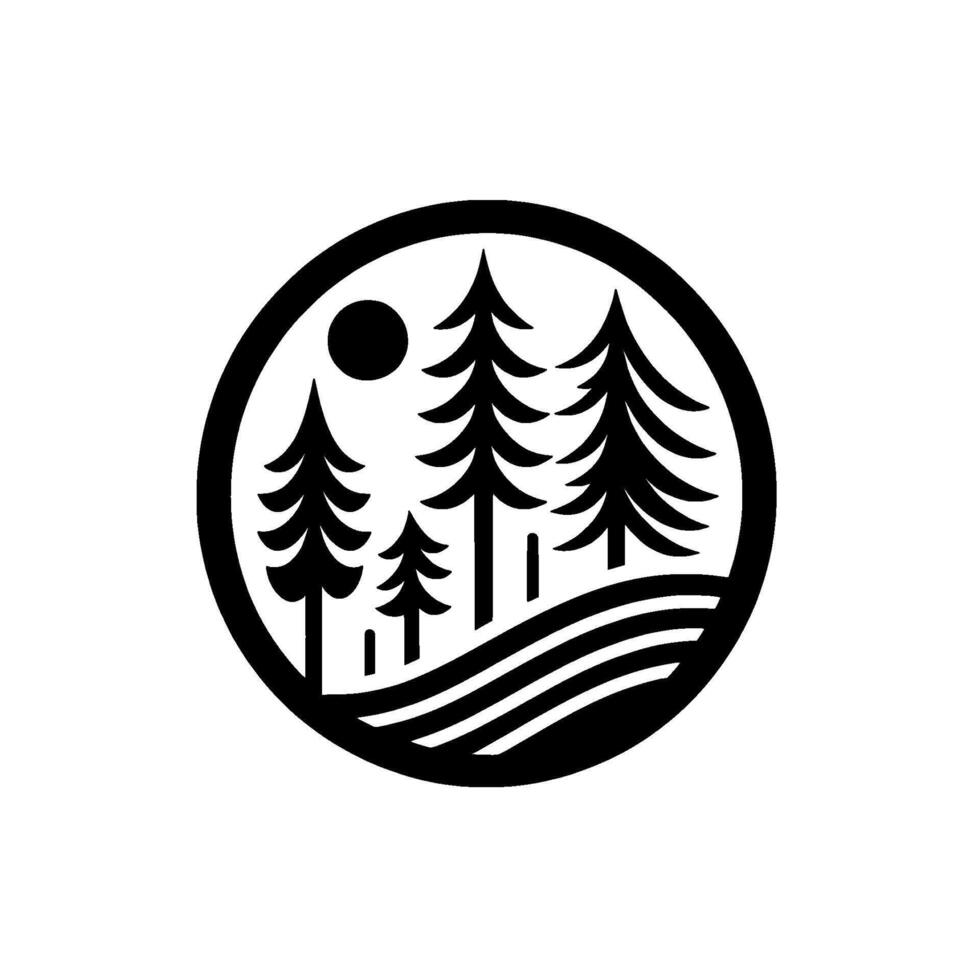 Stylized minimalist emblem of a circular landscape showcasing pine trees, a sun, and rolling hills, rendered in bold black and white. vector