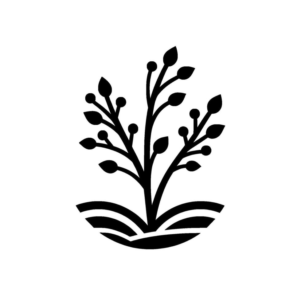 Minimalist Black and White Botanical Illustration Featuring a Stylized Plant with Berries and Leafy Branches Emerging from a Simplified Landscape Motif. vector
