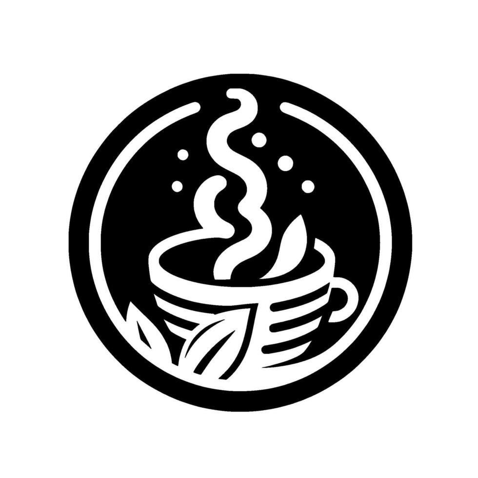 Black and white minimalist of a steaming teacup with leaves and steam swirling within a circular frame, evoking tranquility. vector