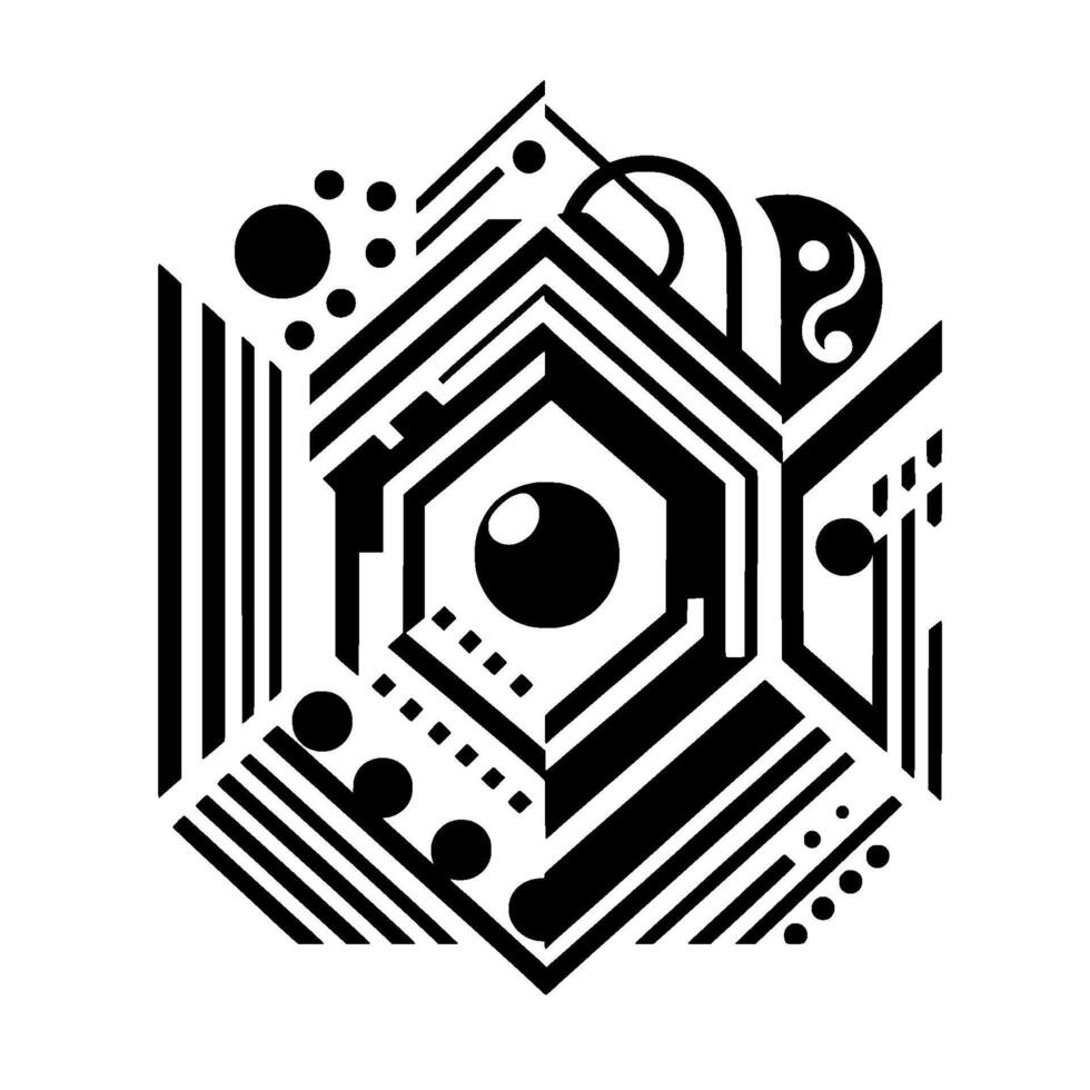 Geometric black and white abstract composition featuring an eye, yinyang symbol, circles, lines, and other shapes arranged within a hexagon, creating a dynamic, balanced design. vector