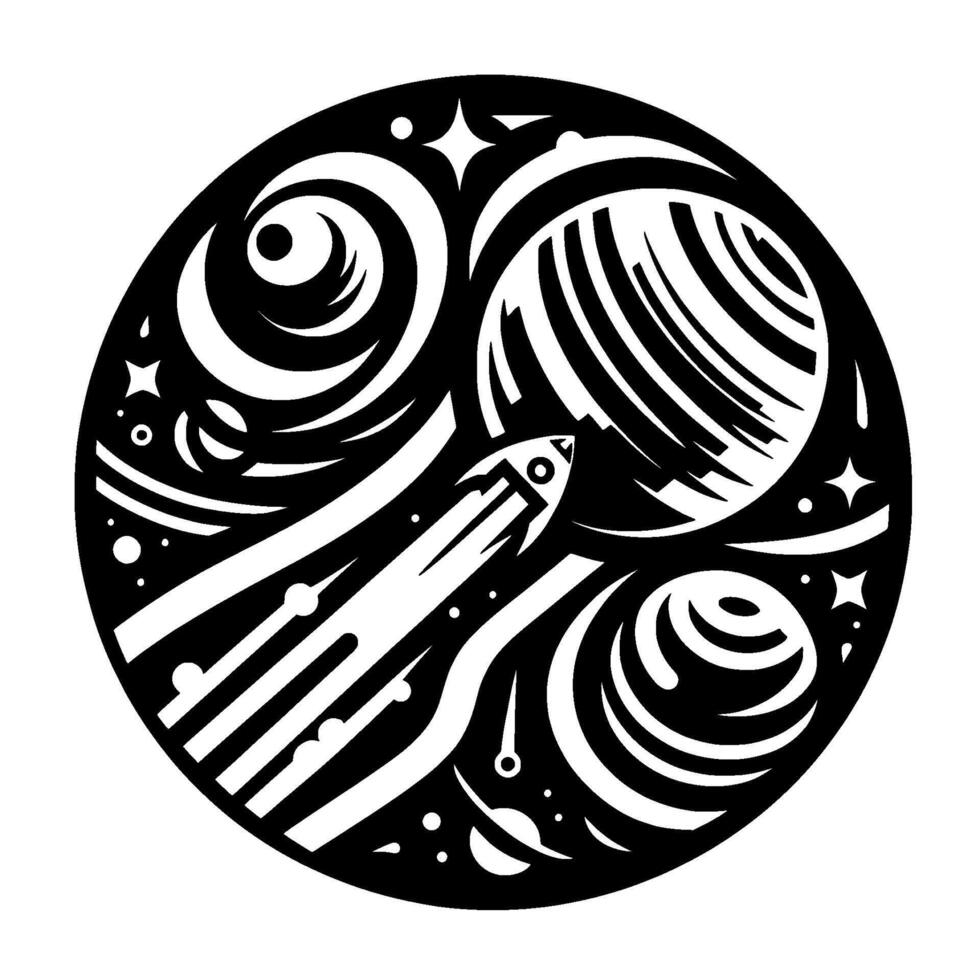 Black and white circular illustration of a rocket blasting through space, passing swirling galaxies, planets, and stars. vector