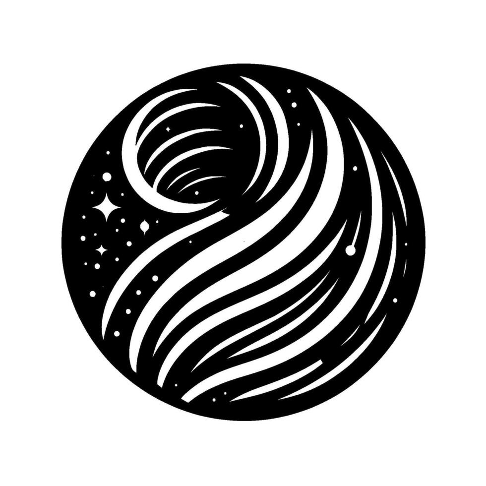 A black and white circular depicting a swirling vortex with starlike elements, evoking a sense of cosmic depth and motion. vector