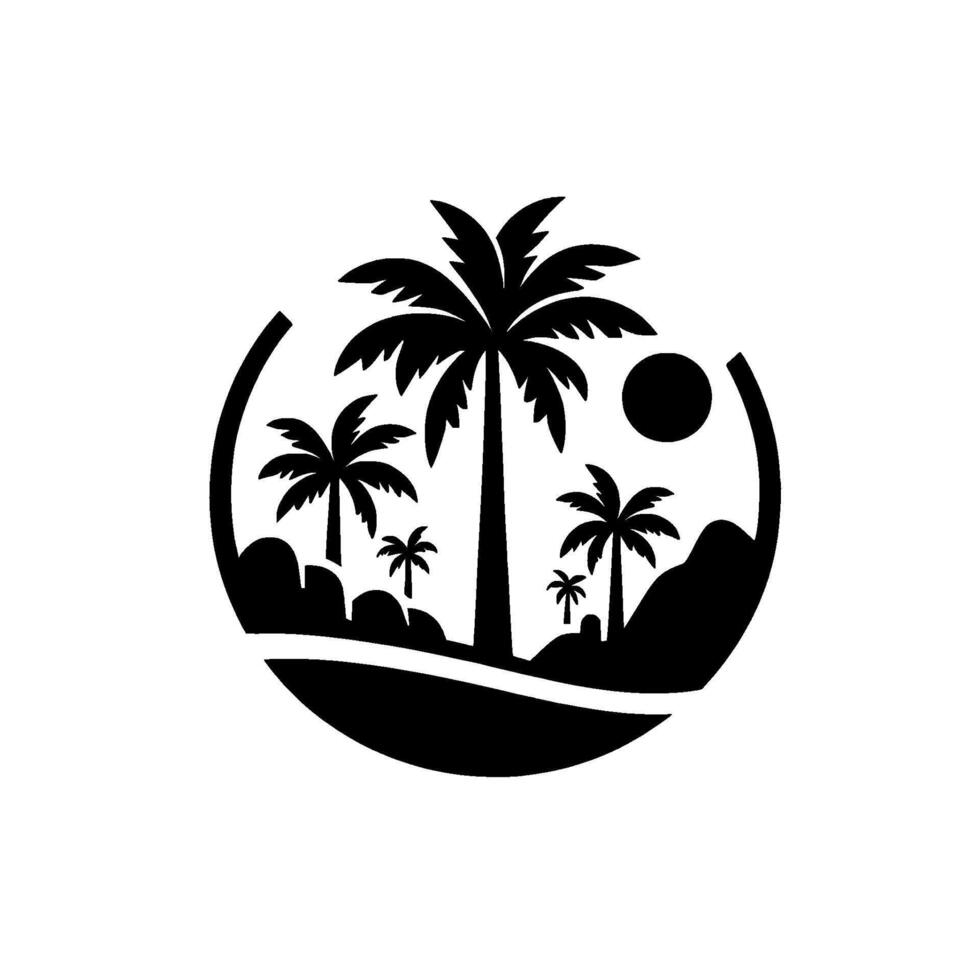 Minimalist Black and White Tropical Island Scene with Palm Trees, Mountains, and Sun within a Circular Frame, Ideal for Design. vector