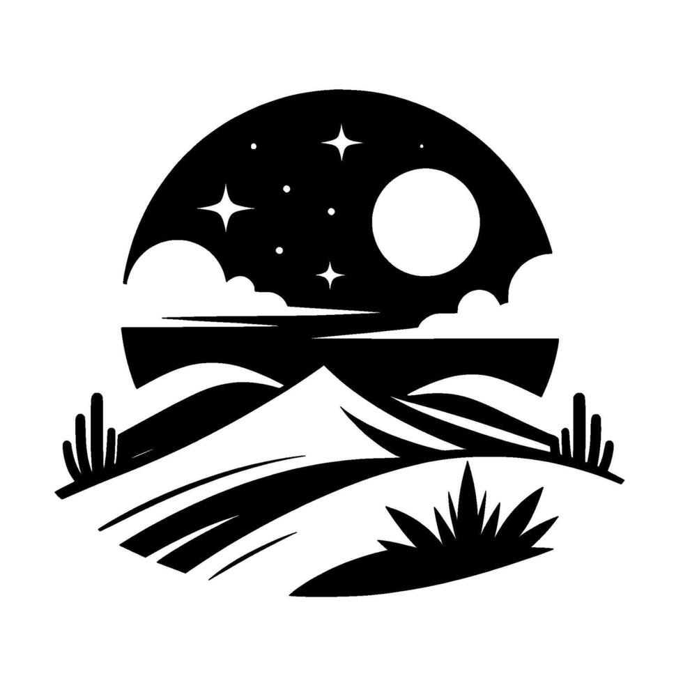 Silhouetted desert landscape with mountains, saguaro cacti, a full moon and stars beneath a cloudy night sky. Black and white illustration. vector