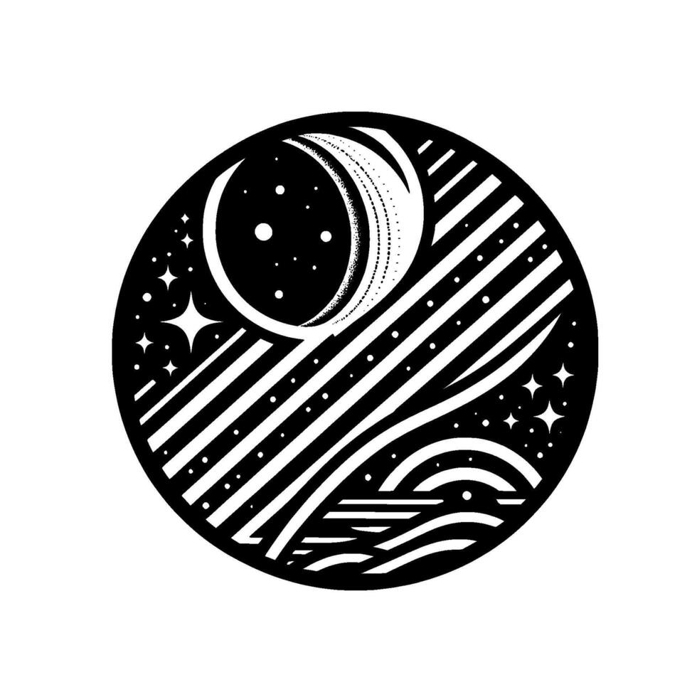 Black and White Circular of the Moon, Stars, and Sea with Diagonal Stripes and a Wave Motif. vector