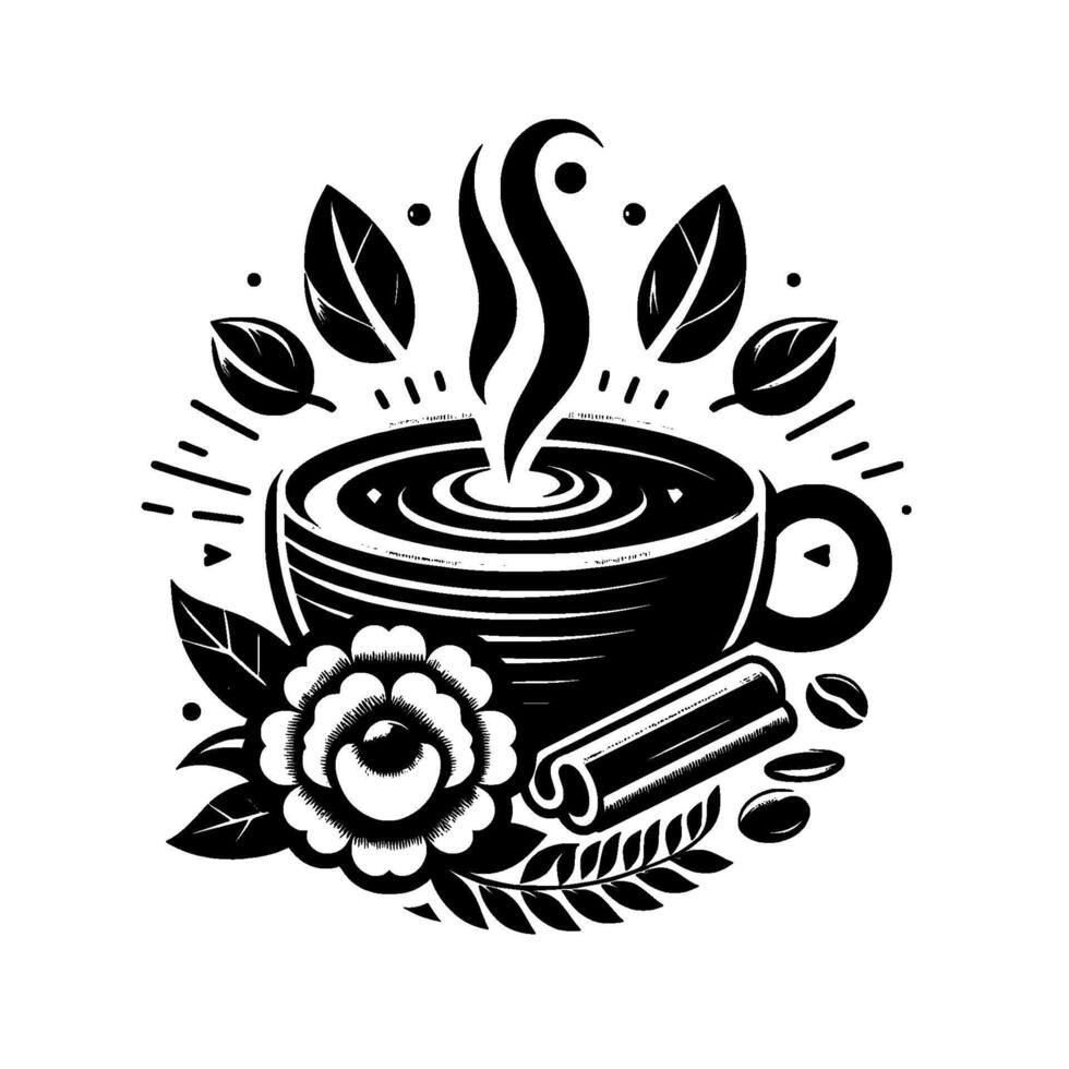 Intricate Black and White Coffee Illustration with Steam, Leaves, Flower, Cinnamon, and Beans, on a White Background. vector