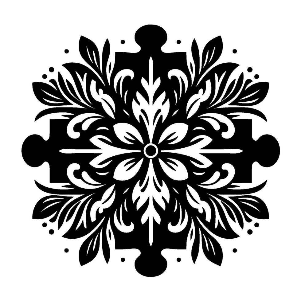 Intricate Black and White Floral Puzzle Mandala, Combining Organic Leaf Forms with Geometric Precision on a White Background. vector