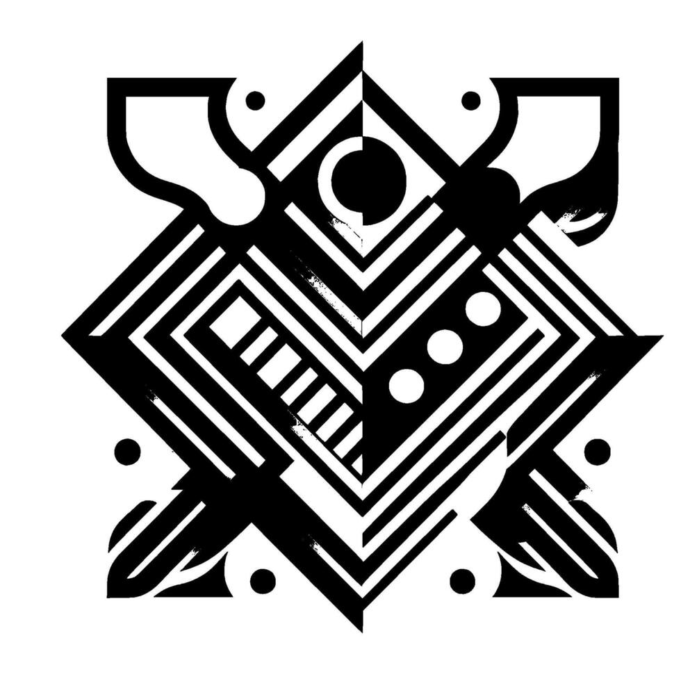 Symmetrical abstract geometric composition in grayscale featuring sharp lines, shapes, contrasting patterns, and optical illusions. vector