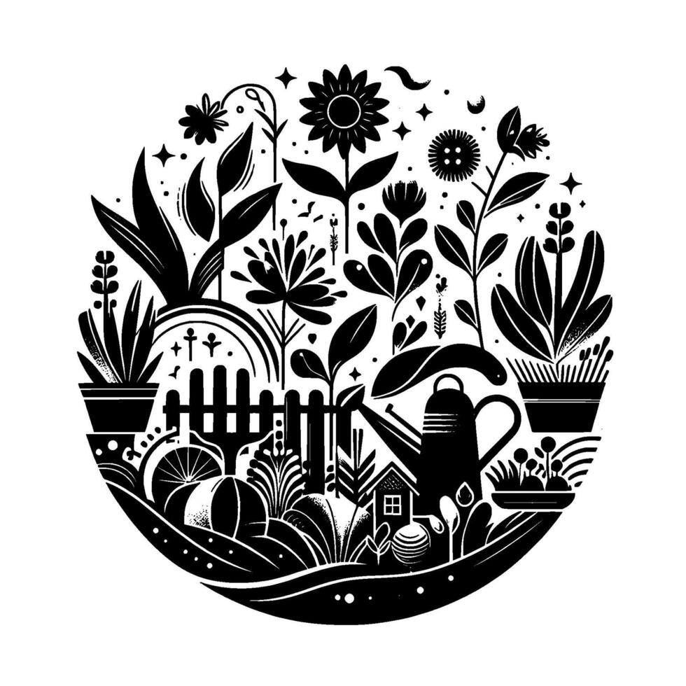 A Stylized Black and White Floral Garden Scene in a Circle Frame Flowers, Plants, Fence, Watering Can, and a Tiny House Under the Stars. vector