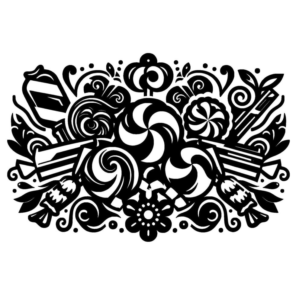 Whimsical black and white candy and sweets illustration, featuring lollipops, swirls, bonbons, and floral elements, arranged in a symmetrical, decorative pattern. vector