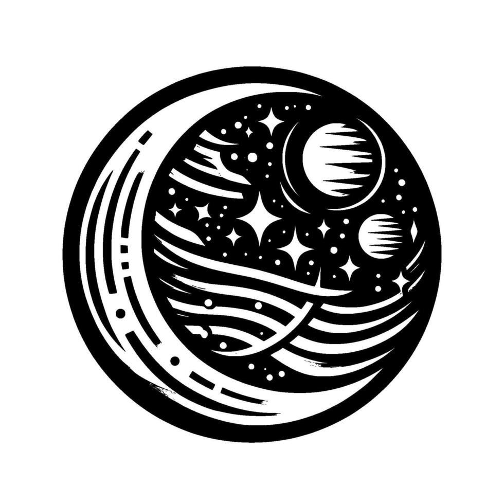 Black and white minimalist celestial art with a crescent, planets, stars, and stylized cosmic bands, inside a circular frame. vector