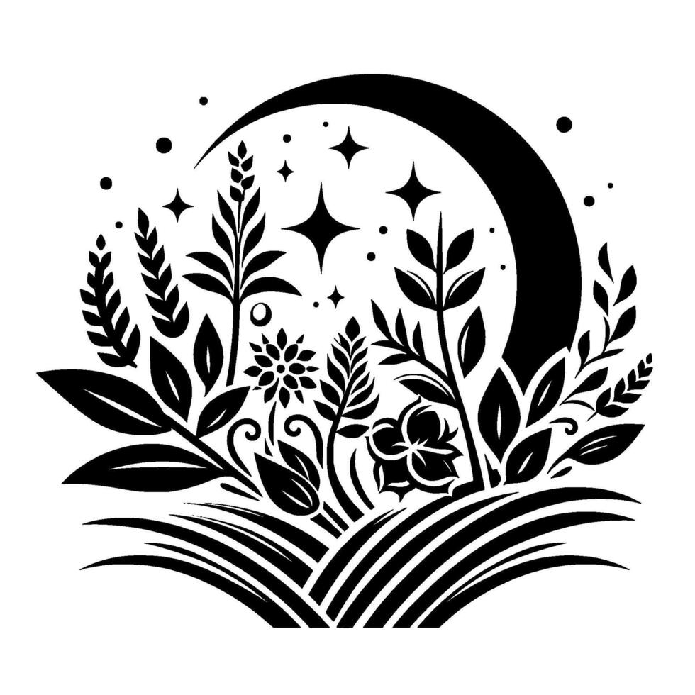 Whimsical monochrome illustration of a crescent moon cradling stylized flora, stars, and a grassy foreground. vector