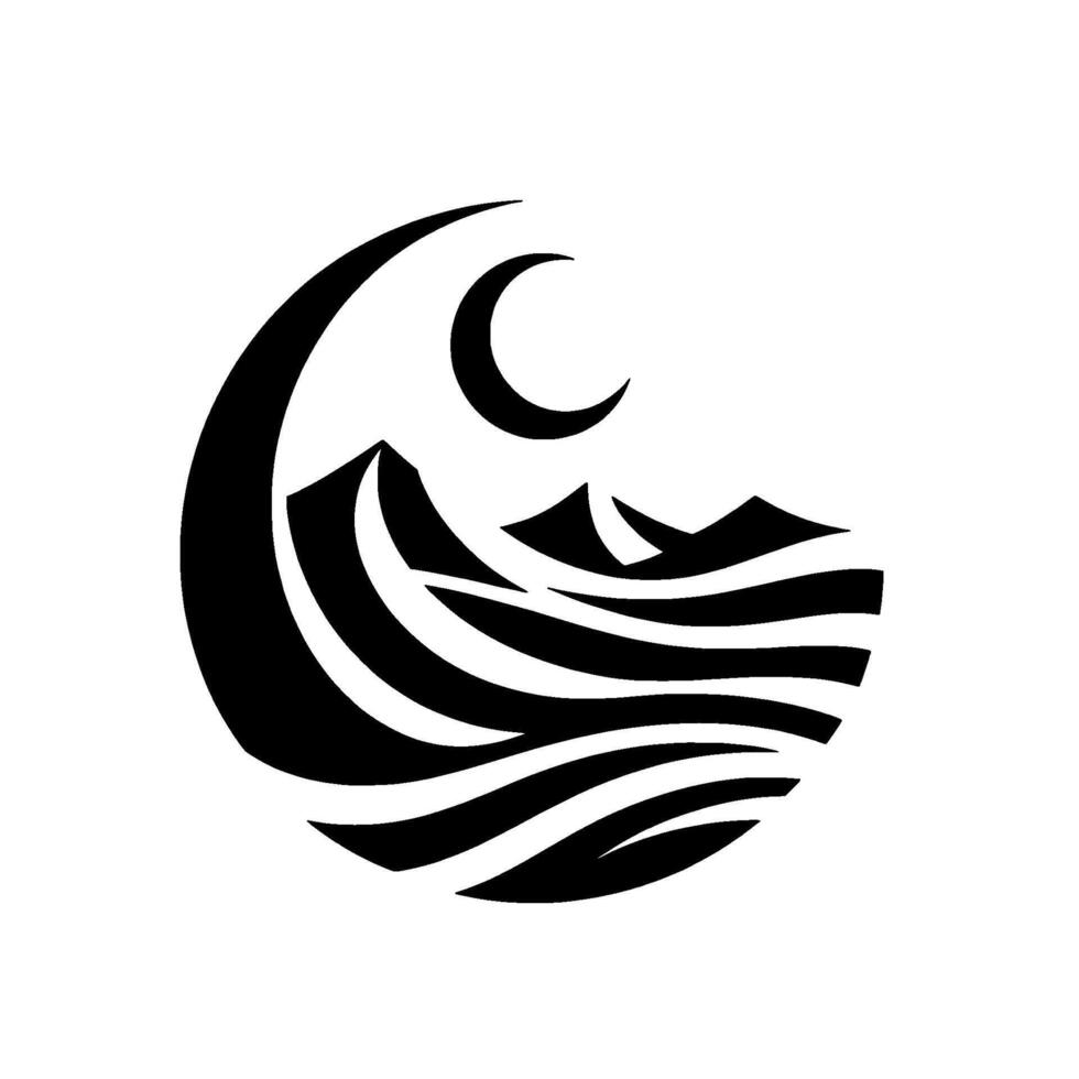 Minimalist Black and White Icon Crescent Moon over Mountain Range and Wavy Horizon in a Circle. vector