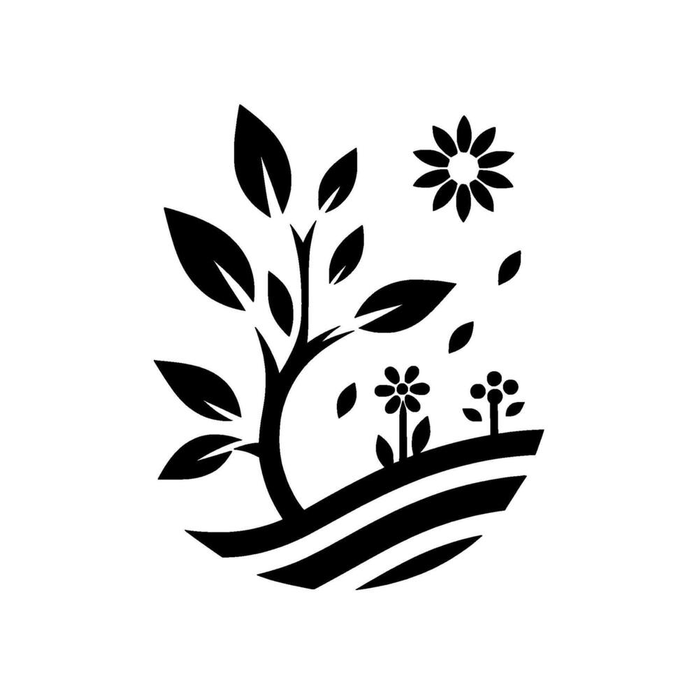 Stylized black and white illustration of a growing plant and flowers on a stylized landscape with sun and falling leaves, minimal design. vector