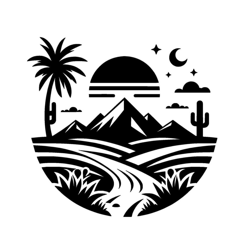 Silhouette Desert Oasis Palm, Mountains, Sun, and Stars in a Scenic Black and White Landscape within an Oval. vector
