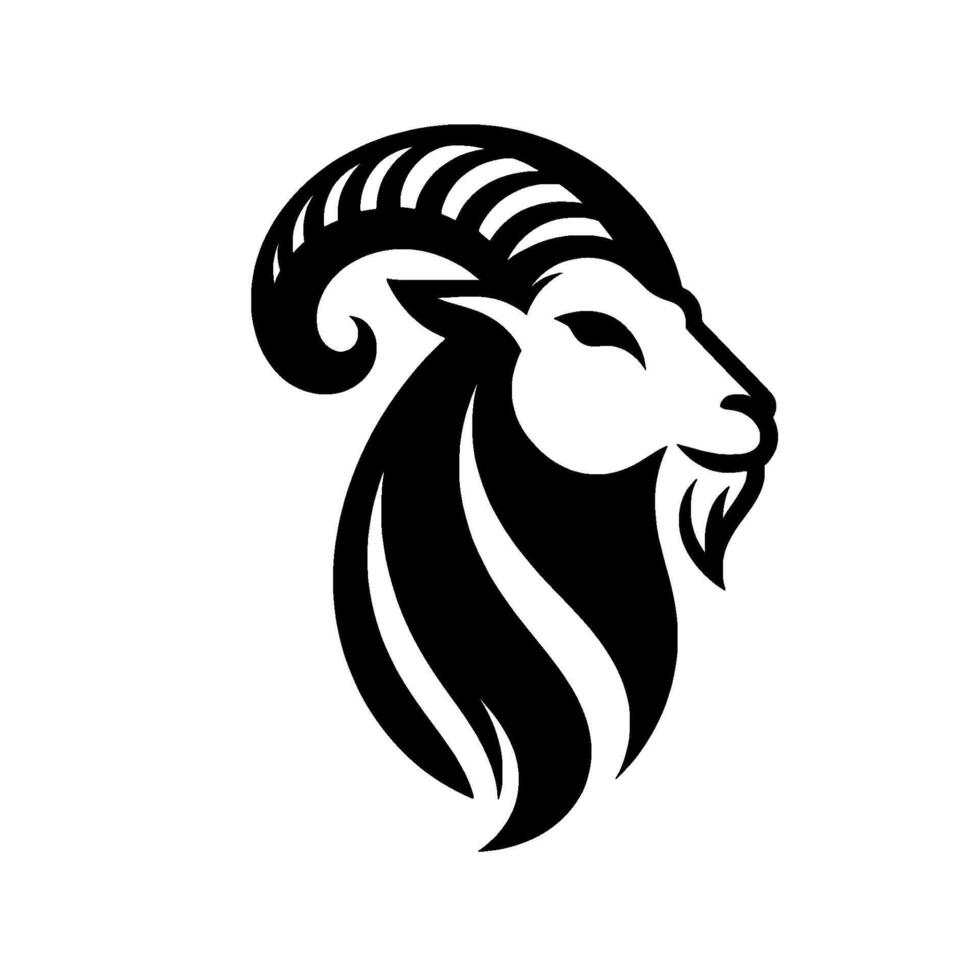 Sleek Black and White Ram Head Logo A minimalist illustration showcasing a goats profile with prominent horns and beard, perfect for branding. vector