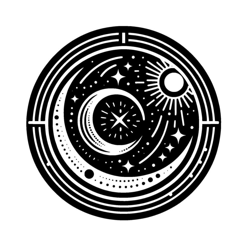 Celestial Emblem A stark black and white circular features the sun, moon, stars, and a central compasslike figure. vector