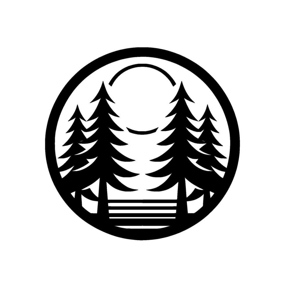 Circular monochrome featuring stylized pine trees, bench, and a curved line, representing nature and outdoors. vector