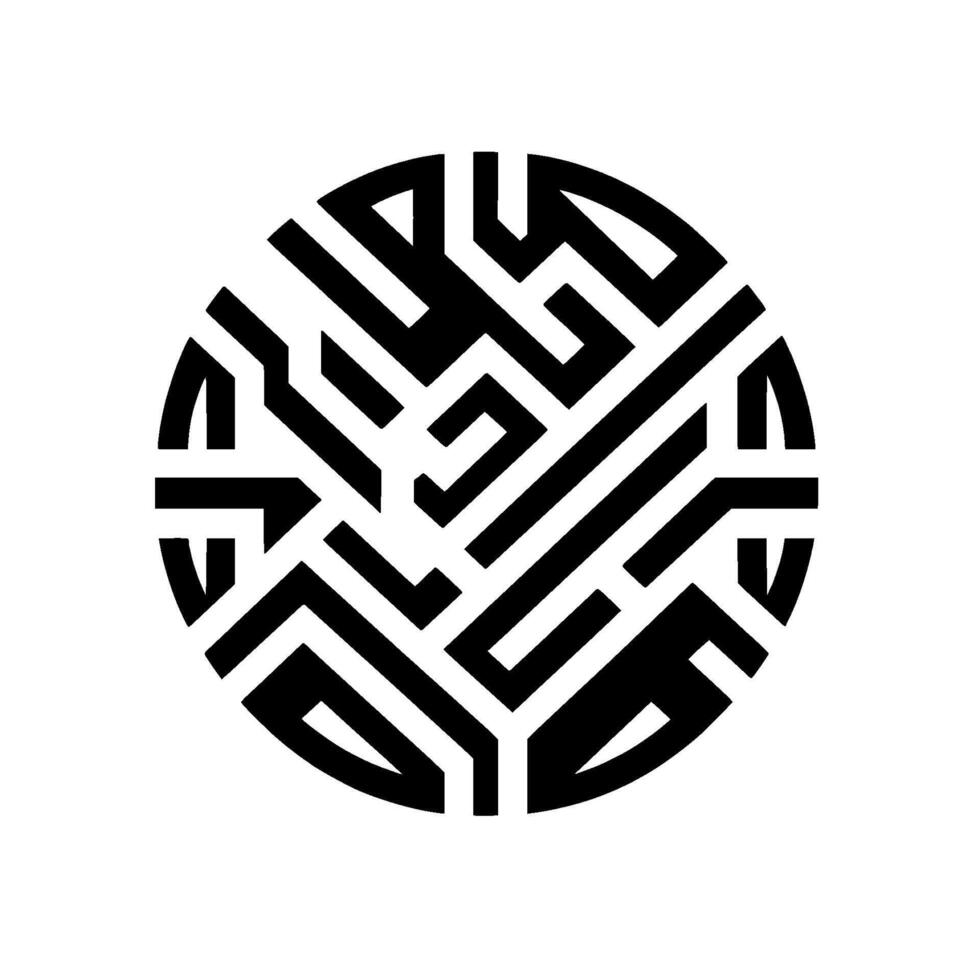 Bold black and white geometric of interwoven lines and shapes within a circular frame, creating a modern, abstract composition. vector